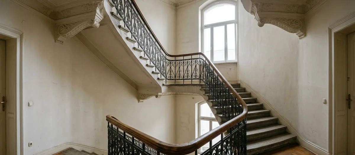 Blick das Gründerzeit-Treppenhaus hinauf, schmiedeeisernes Geländer und Stuckgesims