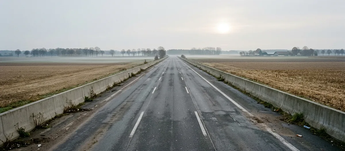 Leere Fahrbahn im Spätherbst zwischen Betonwänden, Bodennebel über den Feldern