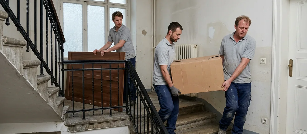 Drei Träger im Altbautreppenhaus, einer hält eine Schrankseite, zwei tragen einen Karton