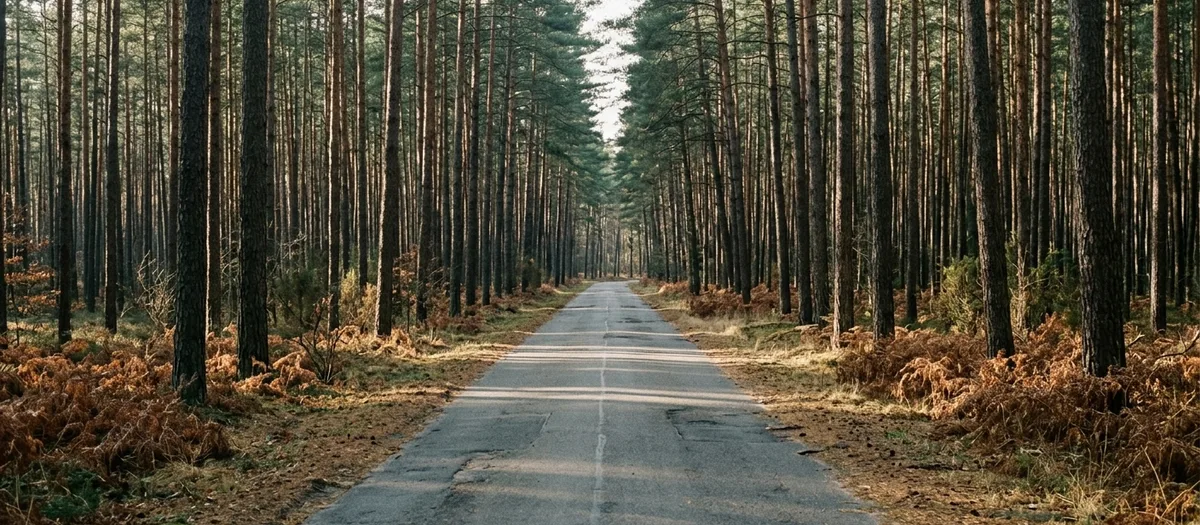Gerade Landstraße durch dunklen Kiefernwald, rostbraunes Farnkraut am Waldboden