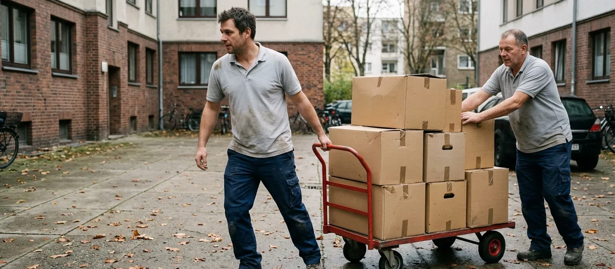 Zwei Träger ziehen einen beladenen Plattenwagen über den Innenhof zwischen zwei Blöcken