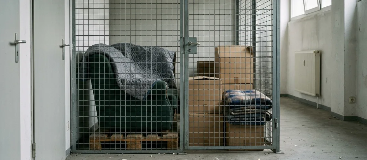 Lagerbox mit Gitterwänden, darin ein abgedeckter Sessel auf der Palette und gestapelte Kartons