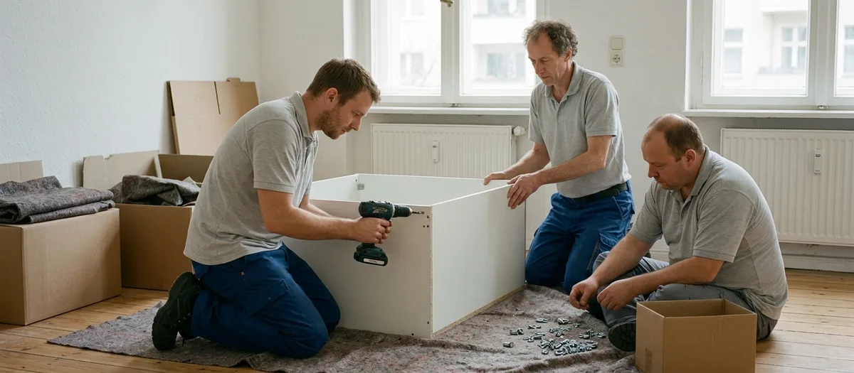 Drei Träger bauen einen Schrank auf, einer schraubt, die Beschläge liegen auf einer Decke