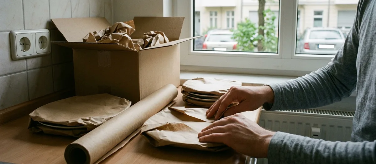 Teller werden am Küchenschrank einzeln in Packpapier gewickelt, der offene Karton steht daneben