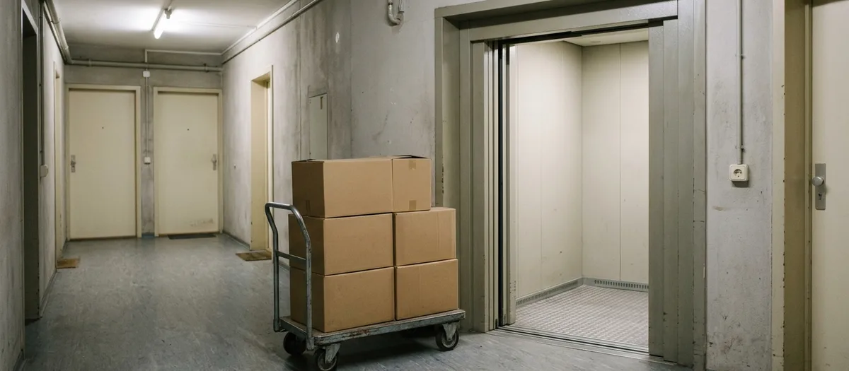 Geöffnete Aufzugstür im Plattenbau, davor wartet ein mit Kartons beladener Plattenwagen