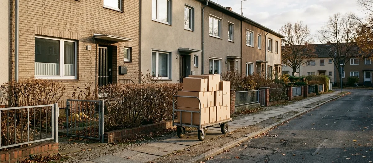 Reihenhauszeile mit schmalen Vorgärten, ein beladener Plattenwagen steht auf dem Gehweg