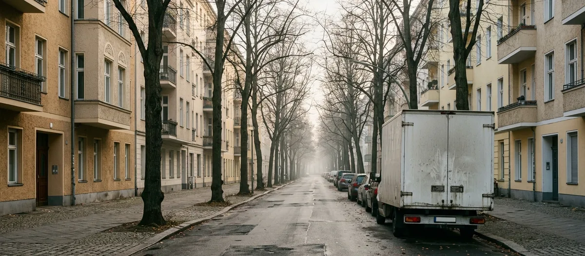 Breite Straße mit Gründerzeithäusern und kahlen Linden im Morgennebel, der Lastwagen steht am Bordstein