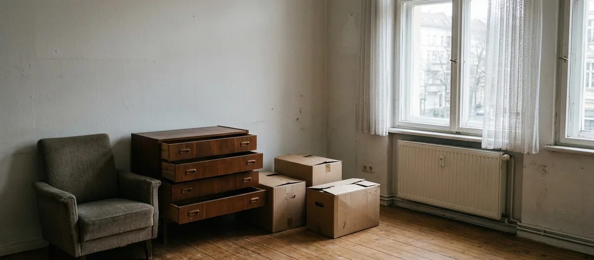Zimmer wird geräumt, ein alter Sessel, eine Kommode mit offenen Schubladen und einige Kartons