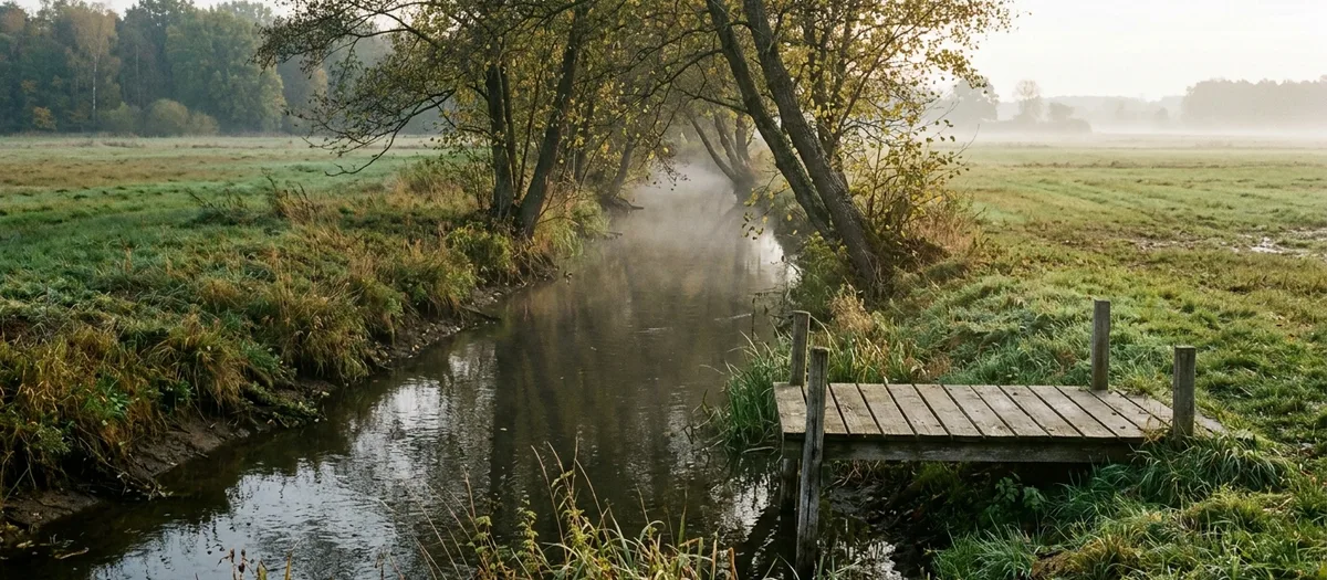 Schmaler Wasserlauf zwischen Wiesen, Erlen über dem Ufer, ein Holzsteg und Nebel über dem Wasser