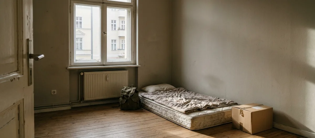 Fast leeres Zimmer mit Matratze am Boden, Rucksack daneben und einem geschlossenen Karton