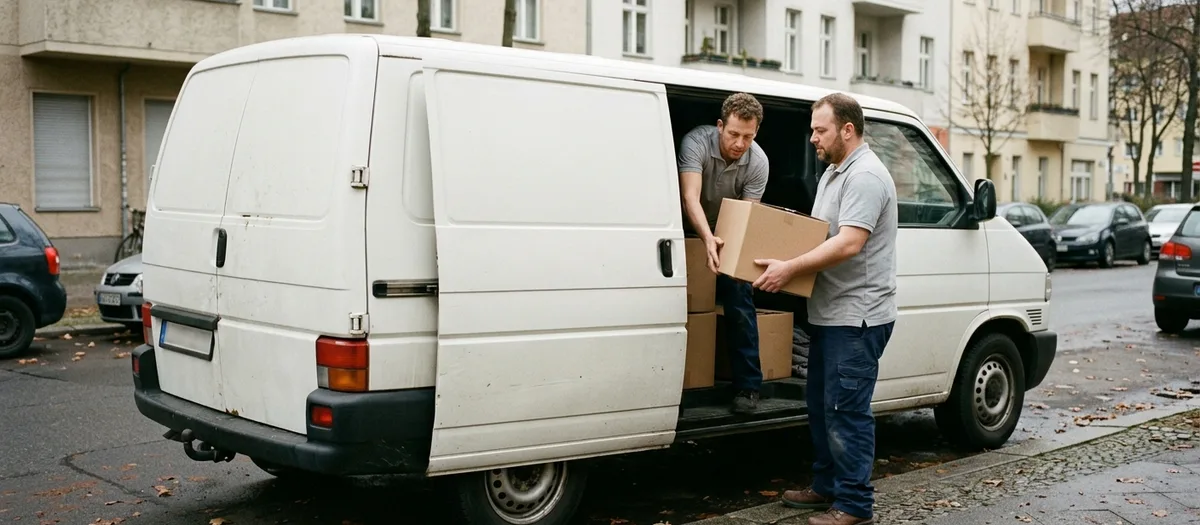 Zwei Träger laden Kartons durch die offene Seitentür eines Transporters, nasser Asphalt