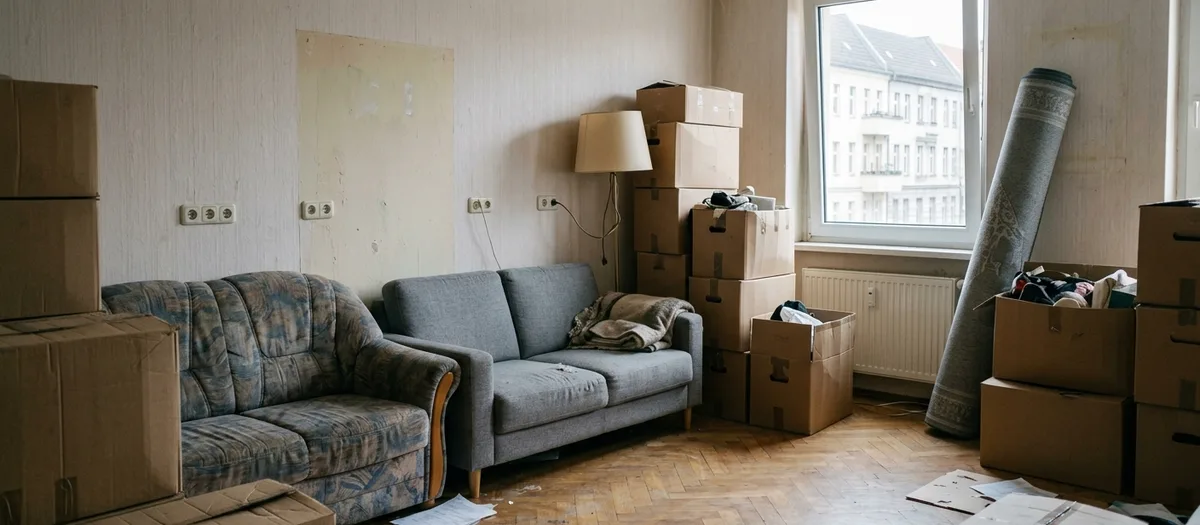 Wohnzimmer mit zwei verschiedenen Sofas, Kartonstapeln, Stehlampe und gerolltem Teppich