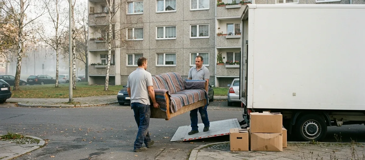 Zwei Träger bringen ein in Decken gewickeltes Sofa über den Vorplatz eines Plattenbaus zum Lastwagen